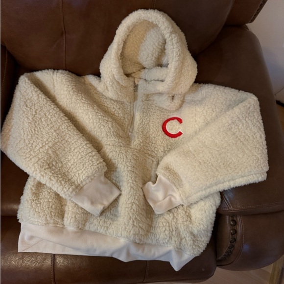 Chicago Cubs WEAR by Erin Andrews Women's Sherpa Quarter-Zip Hoodie - Cream - Picture 2 of 10